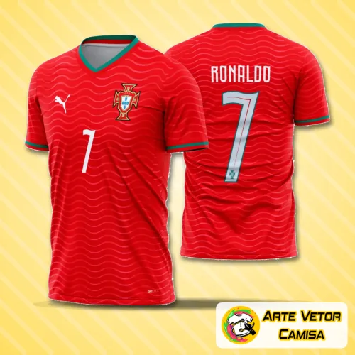 Camisa da seleção portuguesa com logo no peito e estampa grande nas costas, em tons modernos que destacam o estilo oficial e a elegância da equipe durante os jogos de 2026 a 2028.