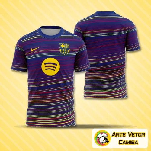 Camisa do Barcelona com logo no peito e estampa grande nas costas, exibindo design vibrante e moderno em cores tradicionais do clube, perfeita para os torcedores que querem mostrar sua paixão.