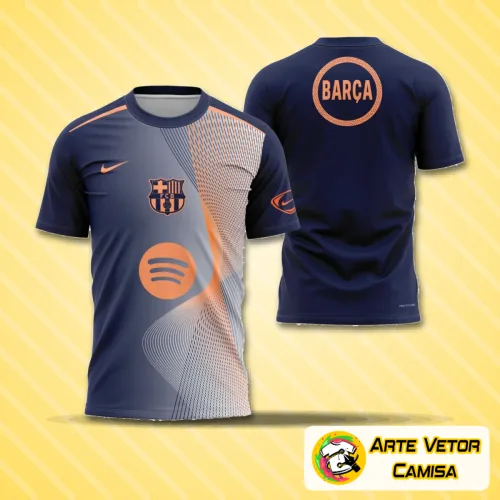 Camisa com logo do Barcelona no peito e estampa grande nas costas, destacando design moderno e cores vibrantes que celebram a temporada 2025-2026 da equipe catalã, perfeita para fãs e colecionadores.
