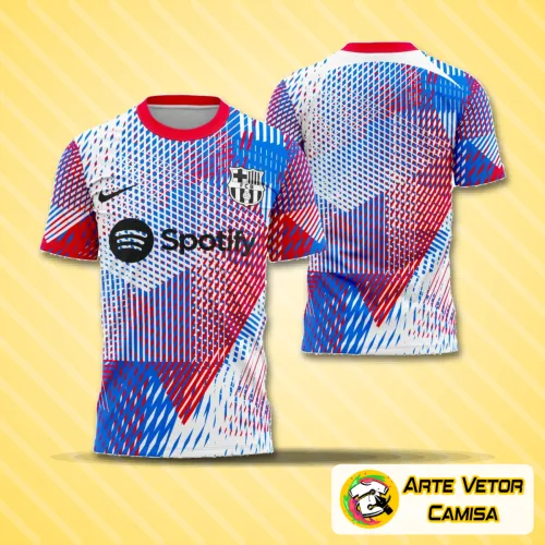 Imagem da camisa com logo no peito e estampa grande nas costas, destacando o design elegante da pré-jogo do Barcelona na temporada UCL 2022-2023.