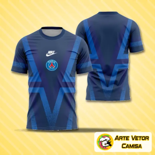 Camisa do PSG com logo no peito e estampa grande nas costas, exibindo cores e design marcantes da pré-jogo UCL 19-20.
