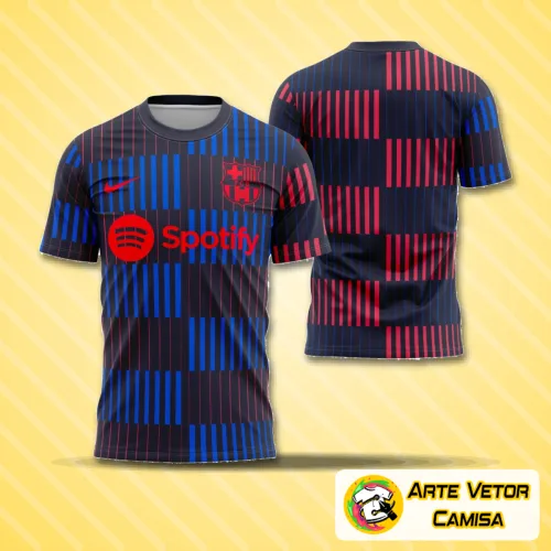 Camisa com logo no peito e estampa grande nas costas mostrando design exclusivo inspirado em Barcelona 2024-2025, destaque para detalhes modernos e cores vibrantes.