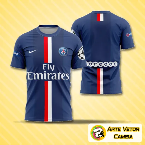 Camisa principal do PSG com logo no peito e estampa grande nas costas, exibindo design marcante e elegante nas cores tradicionais do clube.