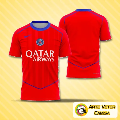 Camisa PSG com logo no peito e estampa grande nas costas, com design moderno e cores vibrantes, perfeita para fãs do time que buscam estilo e autenticidade no visual.