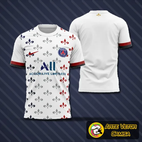 Camisa com logo no peito e estampa grande nas costas, design moderno e vibrante inspirado no clube PSG com detalhes que destacam estilo e personalidade em produção única.