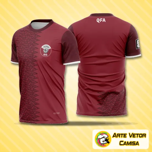 Foto de uma camisa com logo no peito e uma estampa grande nas costas que combina elementos modernos e design inspirado em Qatar, perfeita para quem busca estilo esportivo e contemporâneo.