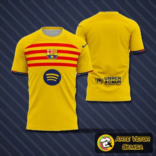 Camisa do Barcelona temporada 2024-2025 com destaque para o logo no peito e uma estampa grande nas costas que realça o estilo e a paixão pelo time.
