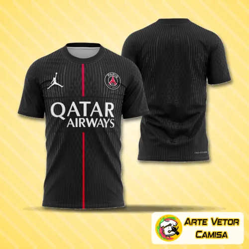 Camisa com logo no peito e estampa grande nas costas que representa o estilo e identidade da temporada 2025-2026 do PSG, combinando detalhes modernos e cores vibrantes.