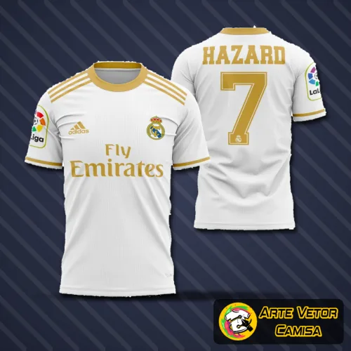 Camisa do Real Madrid 2019-2020 com logo no peito e estampa grande nas costas destacando os locais emblemáticos do clube, em design vibrante e detalhado, perfeito para torcedores e colecionadores.