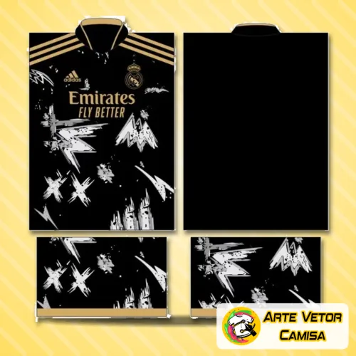 Camisa do Real Madrid com logo no peito e estampa grande nas costas, destacando detalhes modernos e cores vibrantes que remetem ao uniforme oficial da temporada 2022.