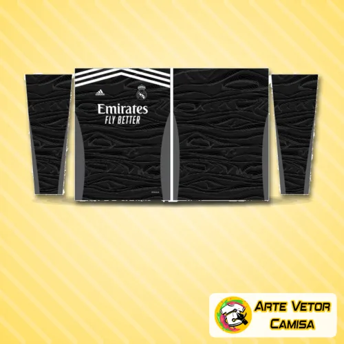 Foto da camisa Real Madrid com o logo no peito bem visível e uma estampa grande nas costas que destaca o design moderno e elegante inspirado no time 2023.