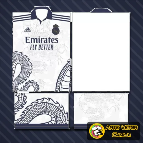 Camisa do Real Madrid exibindo o logo no peito e uma estampa grande nas costas, com design moderno e detalhes que ressaltam a essência do time espanhol em um visual atrativo e marcante.