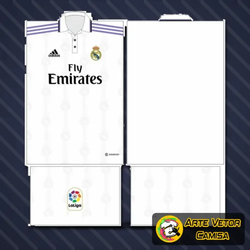 Camisa branca do Real Madrid com logo no peito em destaque e uma estampa grande nas costas mostrando detalhes vibrantes e design moderno que remete à paixão pelo futebol e estilo único