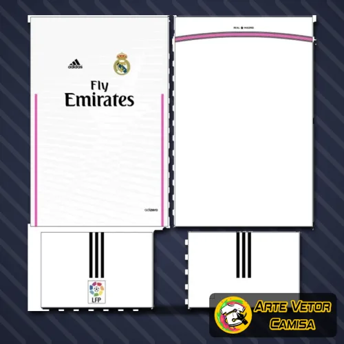 Imagem da camisa Real Madrid com logo no peito bem visível e estampa grande nas costas destacando detalhes marcantes do design exclusivo da equipe espanhola.