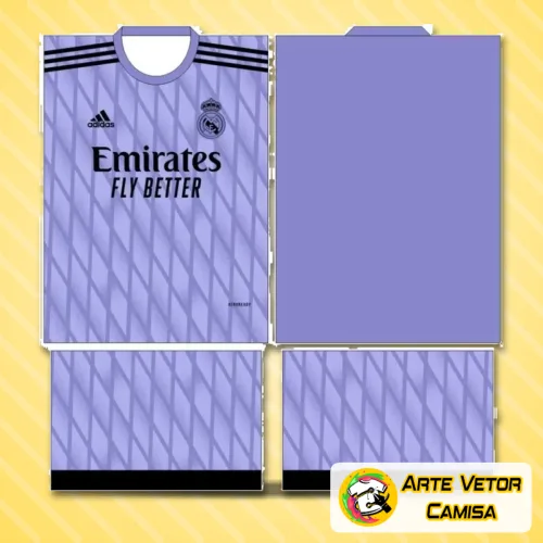 Imagem da camisa do Real Madrid com logo no peito e estampa grande nas costas, apresentando cores vibrantes e detalhes que destacam o estilo único do time.