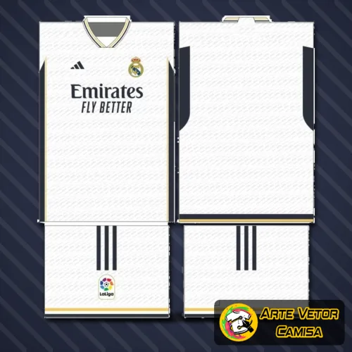 Camisa branca do Real Madrid com logo no peito e estampa grande nas costas em detalhes dourados e elegantes, destaque para o acabamento moderno e visual esportivo imponente.