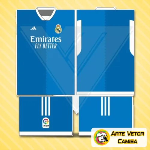 Camisa branca do Real Madrid com logo no peito e uma estampa grande nas costas em detalhes marcantes que destacam o estilo clássico e icônico do time campeão.