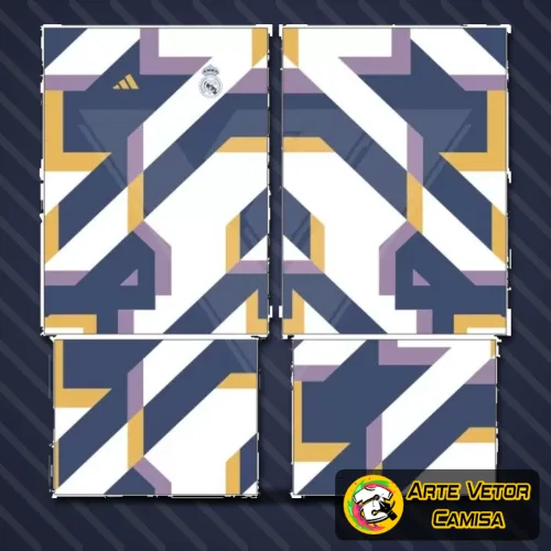 Camisa com logo no peito e estampa grande nas costas destacando o estilo marcante do Real Madrid, combinando cores vibrantes e detalhes que ressaltam a paixão pelo futebol.