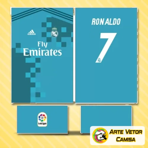 Foto mostra a camisa do Real Madrid com logo no peito e uma estampa grande nas costas em destaque, exibindo detalhes nítidos e vibrantes que ressaltam a identidade do time com estilo marcante e moderno.