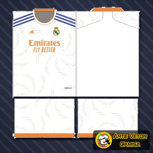 Foto da camisa com o logo do Real Madrid no peito e uma estampa grande nas costas, destacando o design sofisticado e detalhado que celebra o time com estilo único e marcante.