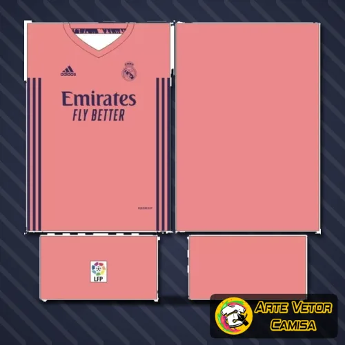 Imagem mostrando a camisa do Real Madrid com logo no peito e estampa grande nas costas, destacando detalhes marcantes e cores vibrantes do modelo 17.