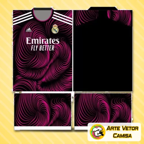 Camisa do Real Madrid com logo no peito e estampa grande nas costas, apresentando design moderno e detalhes marcantes, ideal para quem valoriza a tradição e estilo do time espanhol.