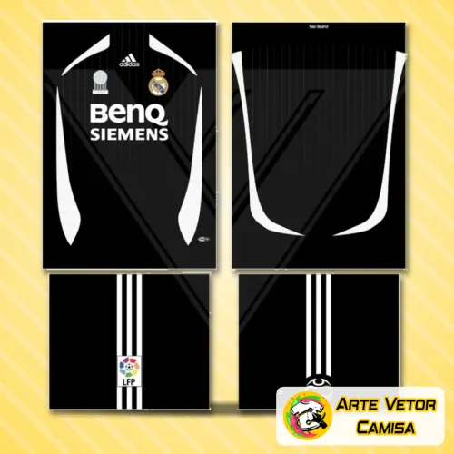 Foto de uma camisa Real Madrid com logo no peito e estampa grande nas costas, exibindo detalhes ricos e design imponente, ideal para fãs do time que valorizam estilo e identidade visual marcante.