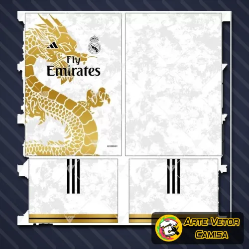 Camisa branca do Real Madrid com logo no peito e estampa grande nas costas, exibindo detalhes modernos que destacam o design icônico e elegante do clube espanhol.