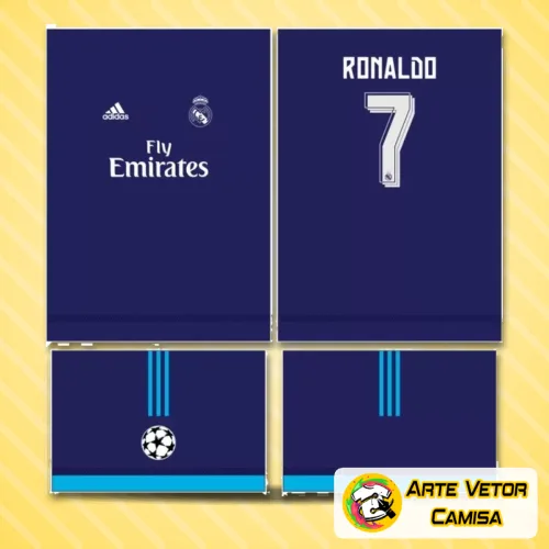 Camisa branca com logo no peito e estampa grande nas costas, destacando as cores e design clássico do Real Madrid em estilo moderno e vibrante.