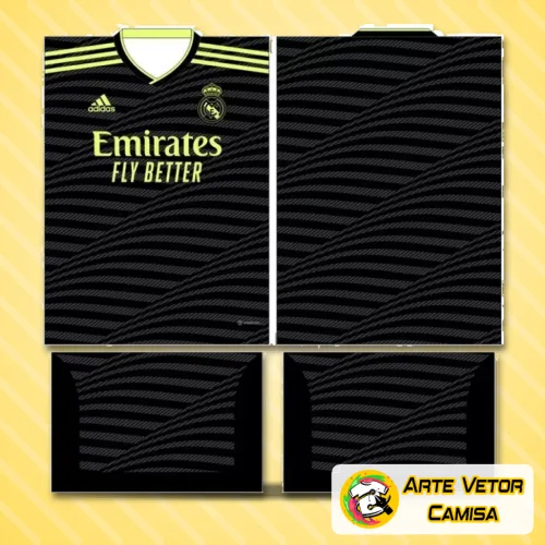 Imagem da camisa do Real Madrid mostrando o logo no peito e uma estampa grande nas costas com design moderno e vibrante, destacando os detalhes que celebram o estilo clássico do time espanhol.