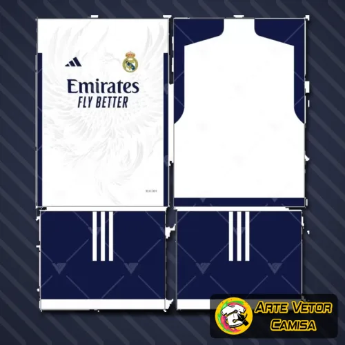 Foto da camisa do Real Madrid com logo no peito e estampa grande nas costas exibindo design moderno e detalhado, perfeita para fãs que apreciam estilo clássico e elementos marcantes de um dos maiores times do futebol mundial.