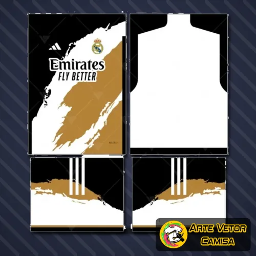 Imagem de camisa Real Madrid com logo no peito e estampa grande nas costas, destacando design clássico e elegante, perfeito para fãs que apreciam estilo autêntico e detalhes marcantes na peça.