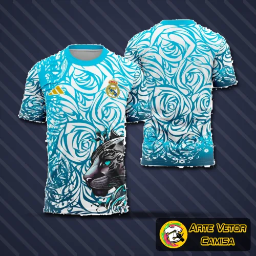 Camisa do Real Madrid com logo no peito e estampa grande nas costas, destacando cores vibrantes e design moderno que remete ao estilo 2025