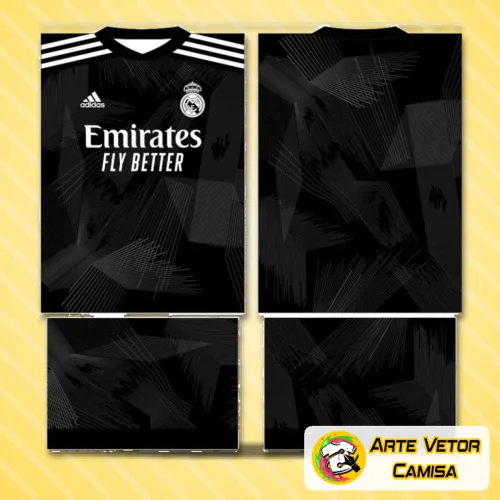 Foto da camisa do Real Madrid com logo no peito em destaque e uma estampa grande nas costas que chama atenção, exibindo cores vibrantes e design moderno.