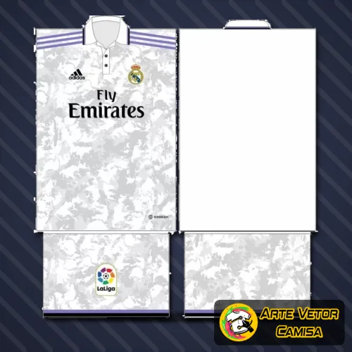 Foto da camisa final do time Real Madrid com logo no peito e estampa grande nas costas, destacando detalhes modernos e cores vibrantes em um design imponente e sofisticado.