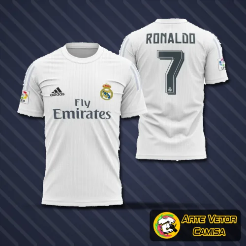 Camisa do Real Madrid com logo no peito e estampa grande nas costas destacando detalhes da temporada 2015-2016 em cores vibrantes e design marcante