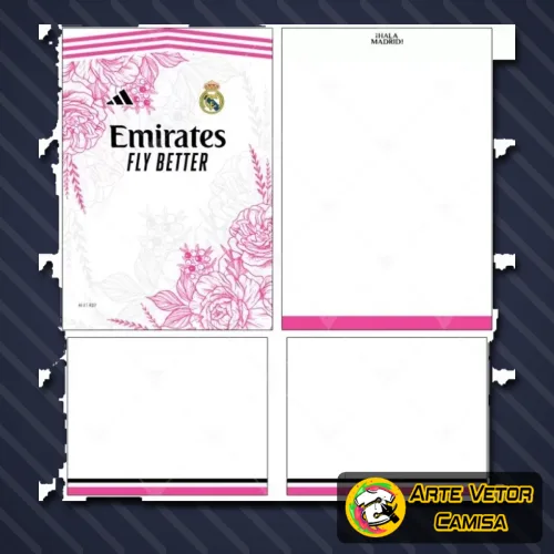 Camisa do Real Madrid com logo no peito em destaque e estampa grande nas costas, apresentando detalhes clássicos e design perfeito para amantes do futebol.