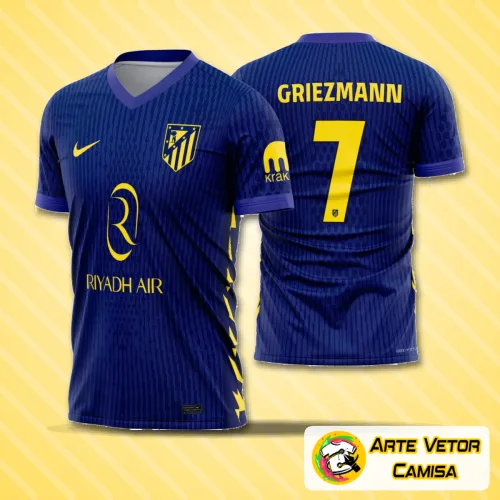 Camisa Atlético de Madrid em versão reserva 2025-26, destaque para o logo no peito e estampa grande nas costas, com cores tradicionais vibrantes que valorizam o design esportivo do clube.