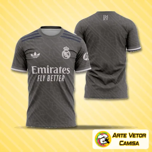 Vista frontal da camisa com logo no peito em destaque e estampa grande nas costas exibindo design moderno e vibrante, perfeito para os fãs do Real Madrid 2024-2025.