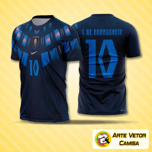 Camisa com logo no peito destacado e estampa grande nas costas, design moderno que representa a seleção uruguaia para o período 2026-28, cores e detalhes que realçam a tradição e a paixão pelo futebol.