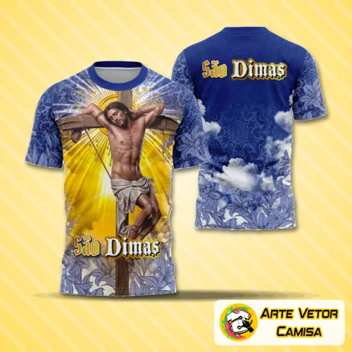Camisa com logo no peito e estampa grande nas costas que exibe elementos religiosos inspirados em São Dimas, com design moderno e detalhes cuidadosamente trabalhados em ambas as áreas da peça.