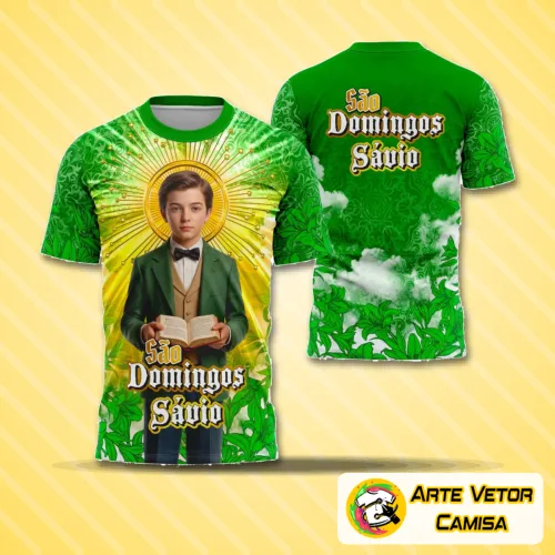 Camisa com logo no peito e estampa grande nas costas, destacando o tema São Domingos Sávio em design religioso com detalhes delicados e composição equilibrada, ideal para quem valoriza fé e estilo.