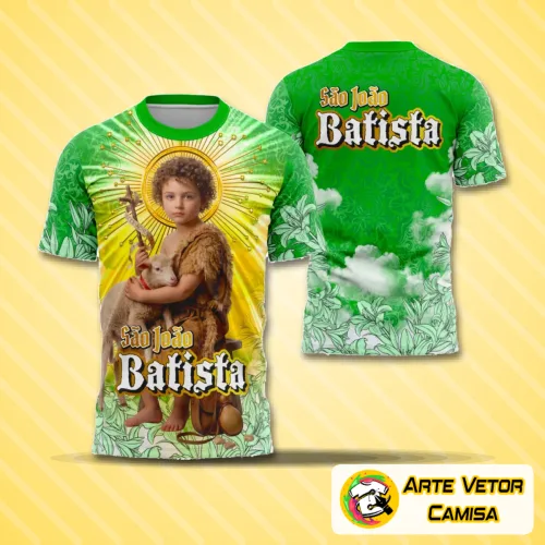 Camisa com logo no peito representando São João Batista e estampa grande nas costas detalhando elementos religiosos e símbolos tradicionais que exaltam a fé e a devoção do santo.