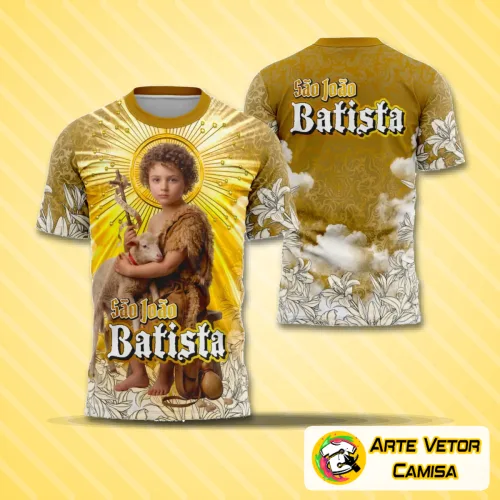 Imagem da camisa com logo no peito e estampa grande nas costas destacando São João Batista em estilo religioso, com cores vibrantes e detalhes marcantes que representam fé e devoção