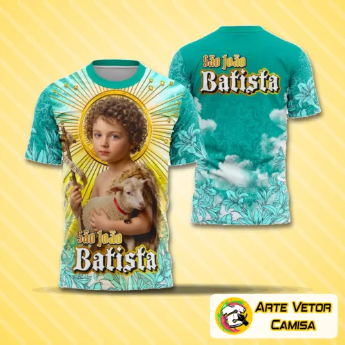 Camisa com logo no peito e estampa grande nas costas que retrata São João Batista em estilo religioso, destacando elementos simbólicos e espiritualidade com um design único e impactante.