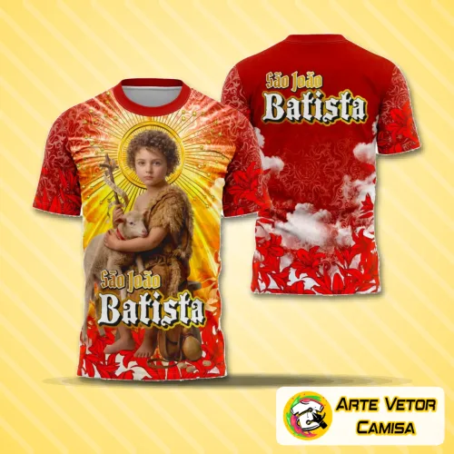 Foto da camisa com logo no peito e estampa grande nas costas que retratam São João Batista em estilo religioso, ideal para quem valoriza fé e tradição.