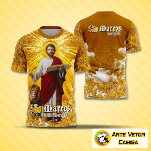 Foto da camisa com logo no peito e estampa grande nas costas destacando São Marcos Evangelista em estilo religioso moderno, em cores vibrantes e design detalhado que valoriza a espiritualidade.