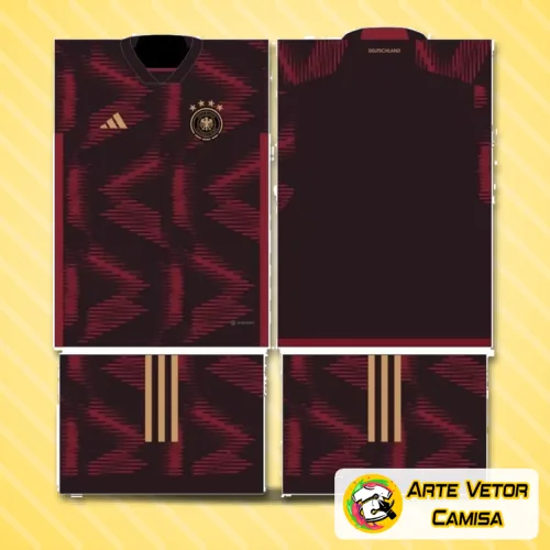 Camisa de futebol com o logo no peito e uma estampa grande nas costas destacando cores e detalhes da seleção alemã na versão 2018, ideal para fãs do time e colecionadores.