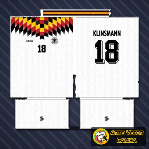 Camisa com logo no peito e estampa grande nas costas mostrando design inspirado na seleção da Alemanha, destacando detalhes típicos da equipe e estilo marcante para fãs de futebol.