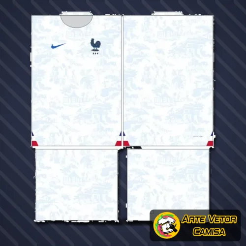 Camisa branca com logo no peito da França e estampa grande nas costas com elementos gráficos em azul, branco e vermelho, destacando o orgulho pela seleção francesa de futebol.